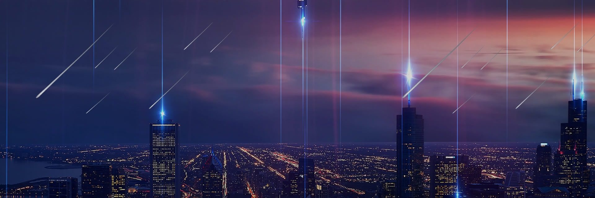 Connected-technology infrastructure over a city at night
