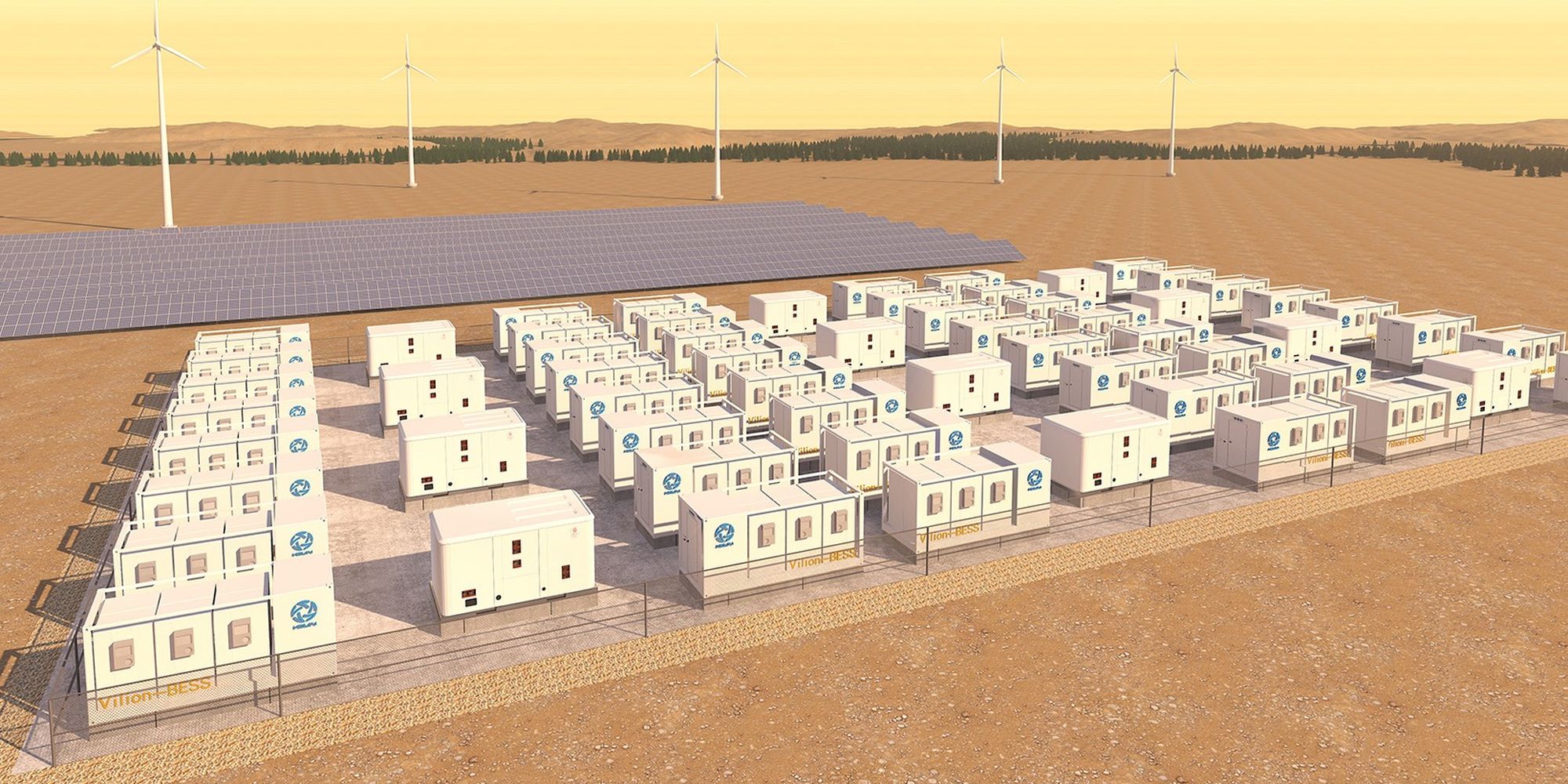 A utility-scale battery storage yard alongside solar and wind generation